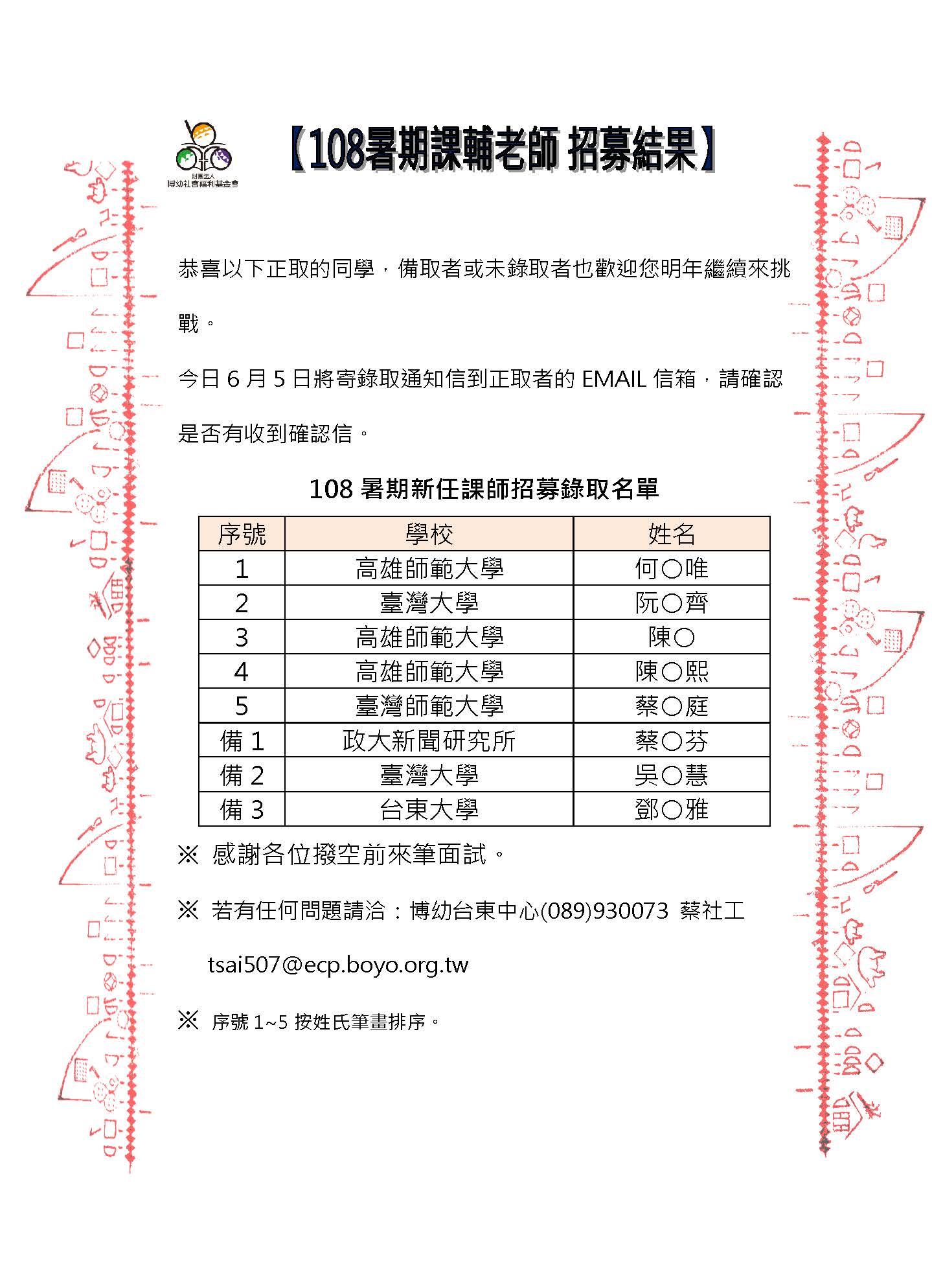 108暑期課師招募結果